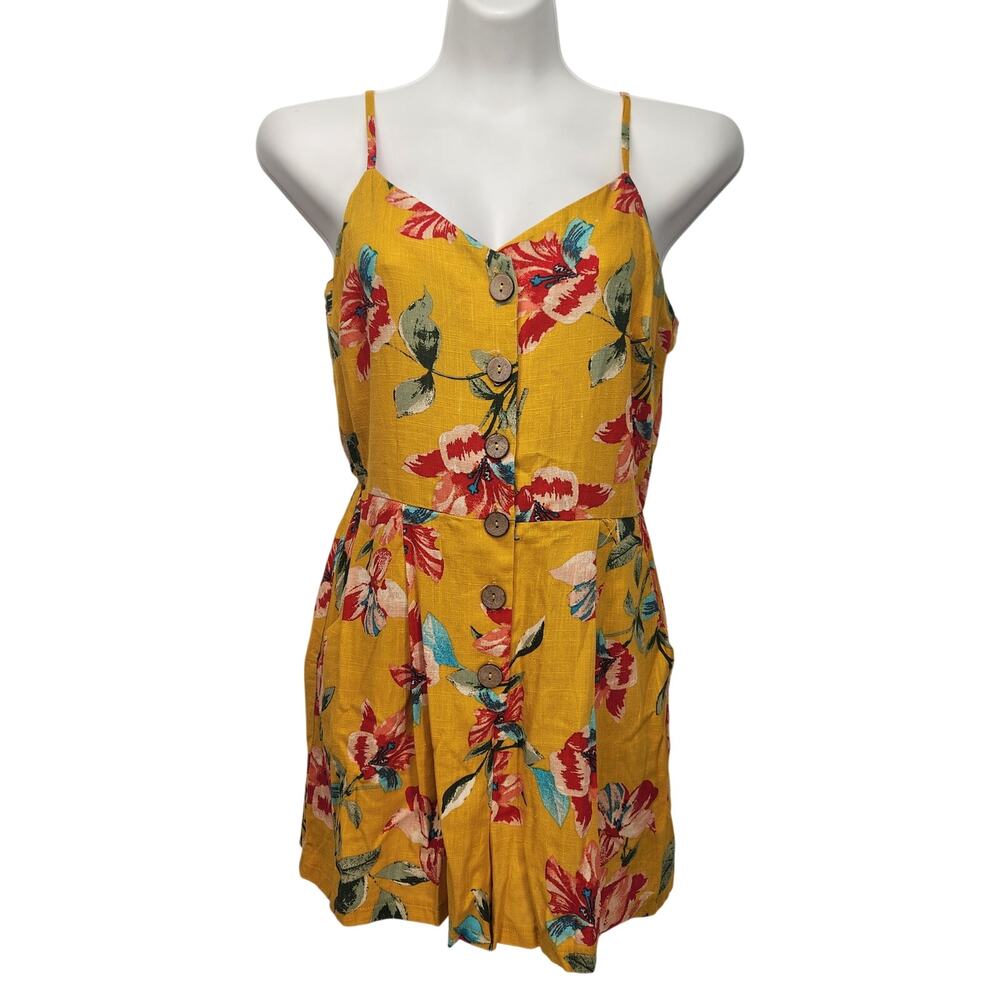 NWT Lily Rose Mustard Yellow Linen Blend Floral Pleated One Piece Romper Women M